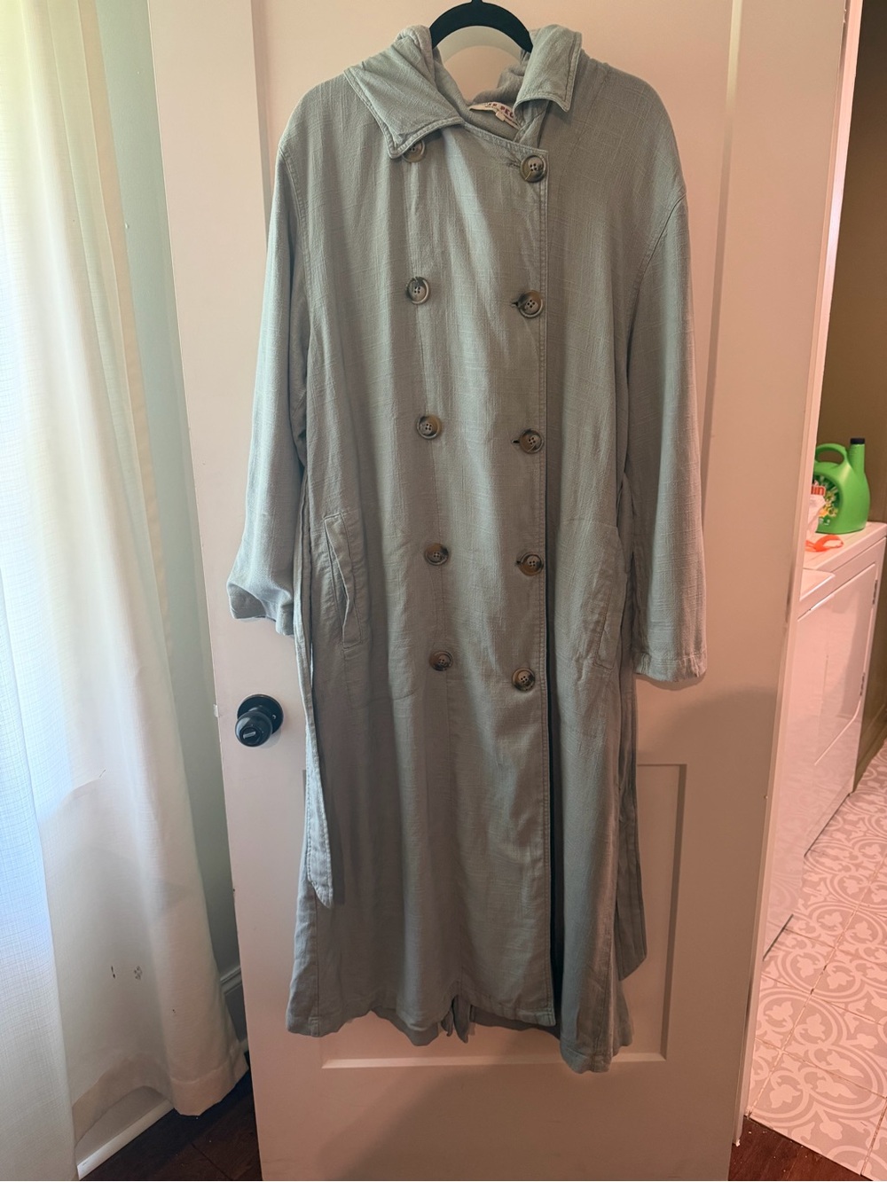 Free People Sage Green Hooded Double-Breasted Trench Coat